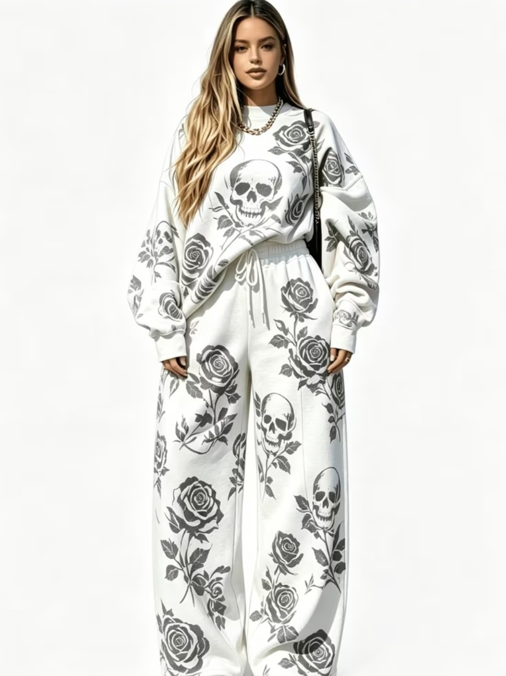 Skull & Rose Print White Lounge Sweatpants And Sweatshirt Women's Wide Leg